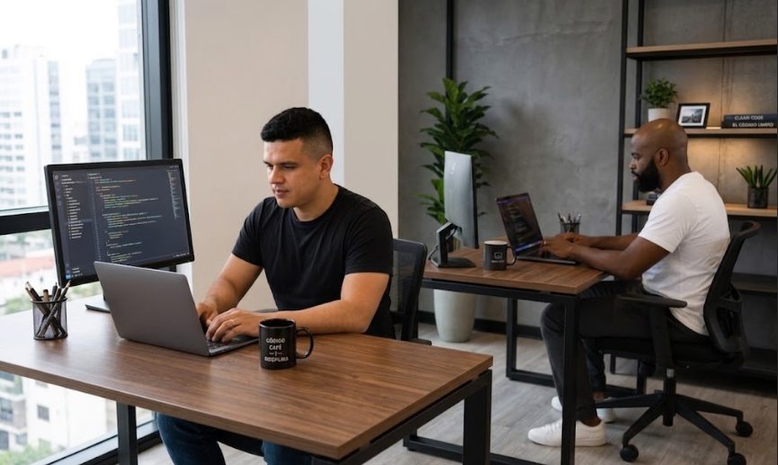 Puesto de trabajo de Manqui Digital: dos escritorios con código en pantalla