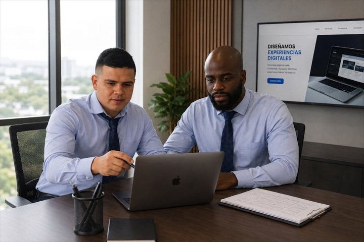 Dos personas trabajando en el diseño de una página web frente a un portátil