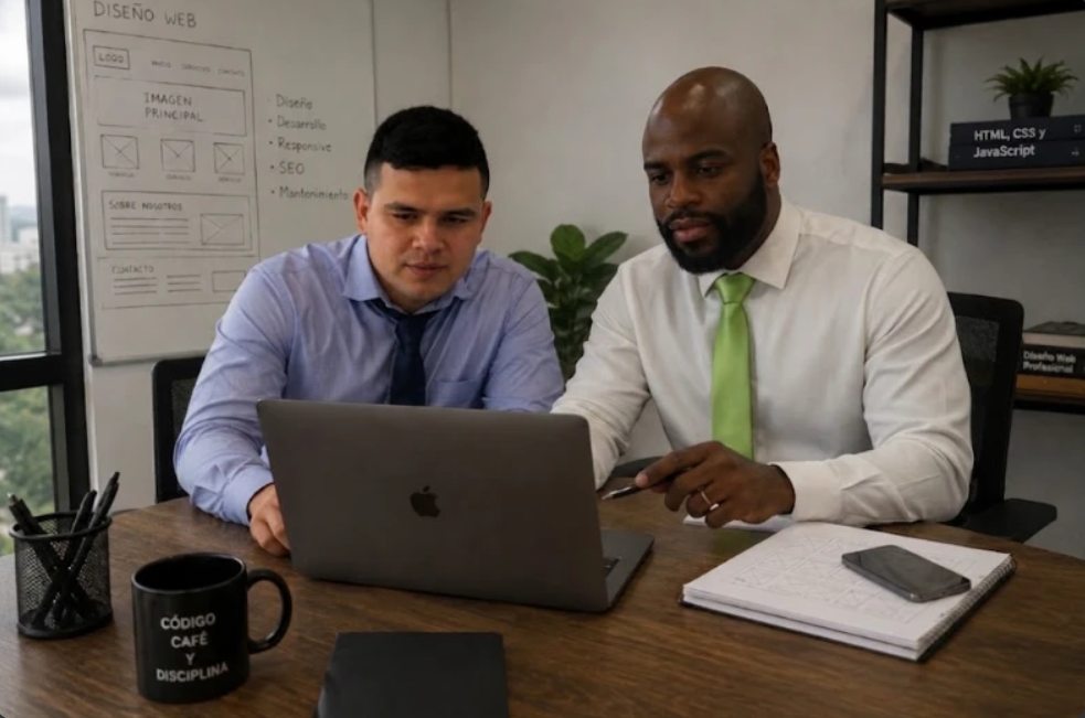 Dos personas del equipo de Manqui Digital revisando el diseño de una página web en un portátil, junto a un tablero con la estructura del sitio